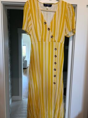 Blue Rain Yellow and White Striped Maxi Dress with Button Detail